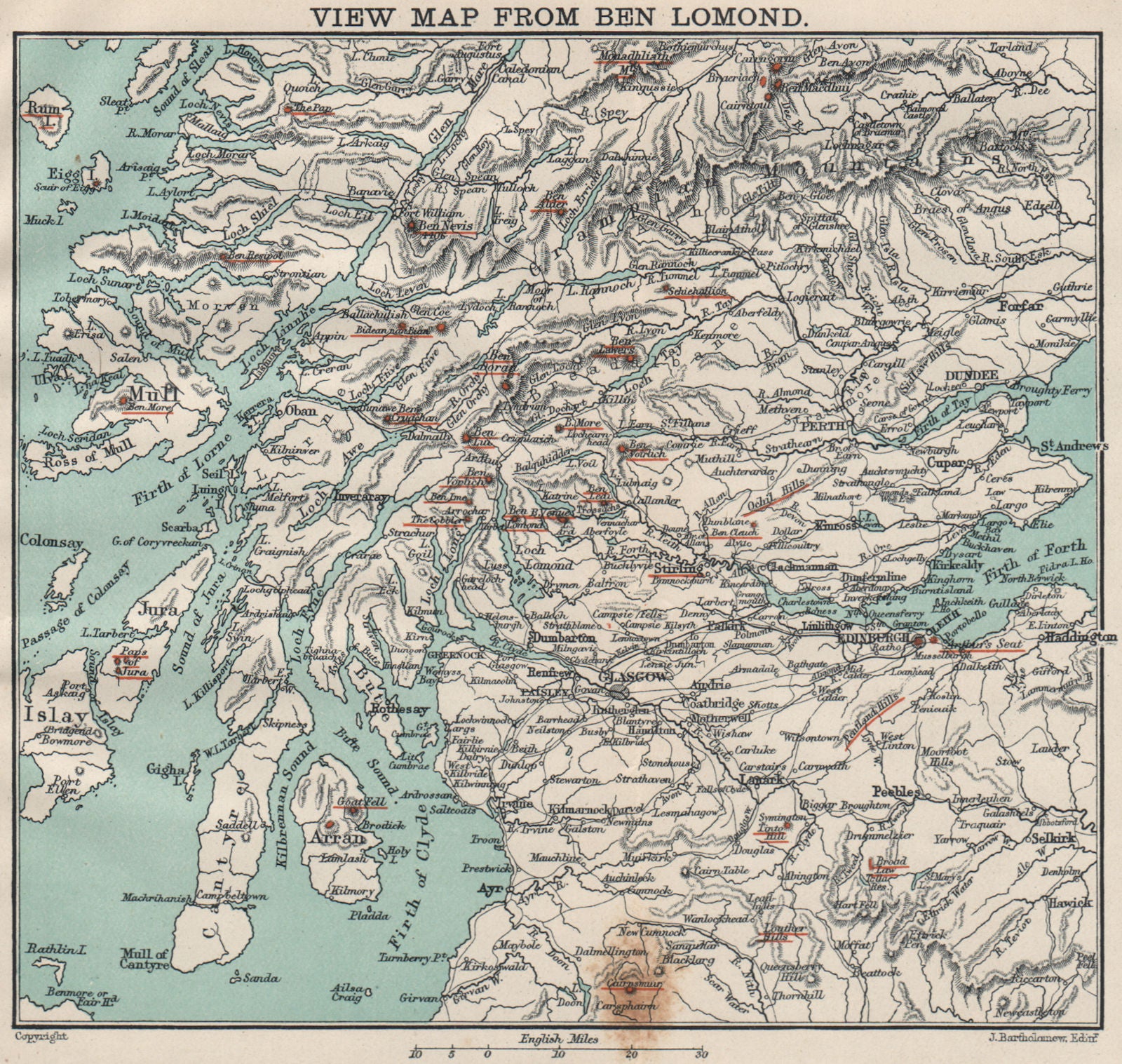 View map from BEN LOMOND. Scottish Highlands Mountain peaks. Monroes 1908